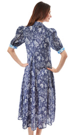 Dizzy-Lizzie Montauk Dress in navy with elephant and palm tree print, lightweight summer dress for women.