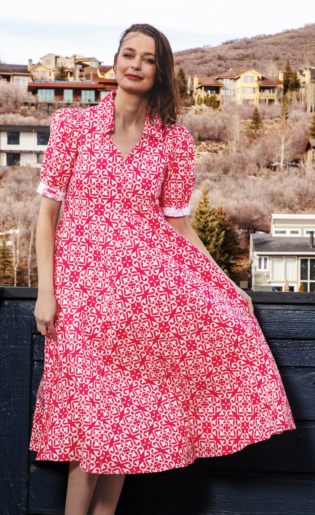 Pink and white geometric print Montauk dress by Dizzy-Lizzie, showcasing a stylish, flowing dress with a vibrant pattern.