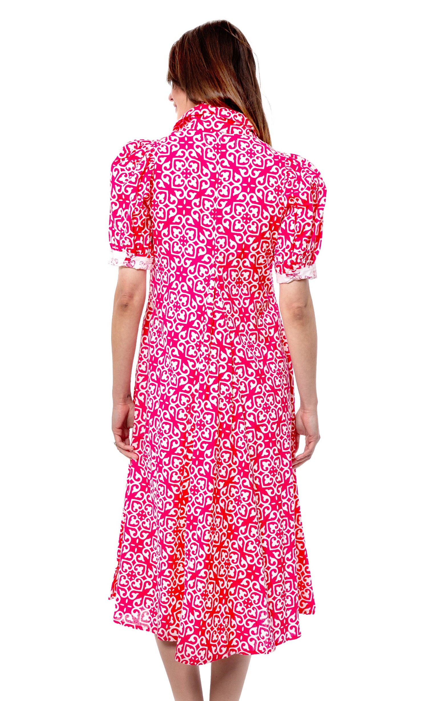 Pink and white geometric print Montauk dress by Dizzy-Lizzie, featuring a stylish and comfortable women&