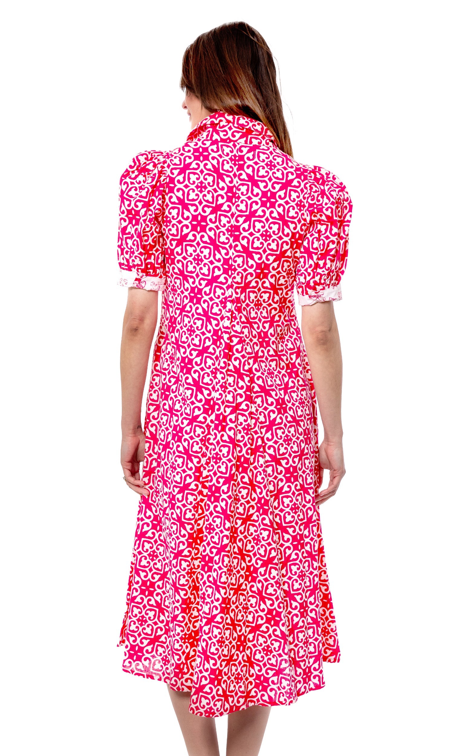 Pink and white geometric print Montauk dress by Dizzy-Lizzie, featuring a stylish and comfortable women&