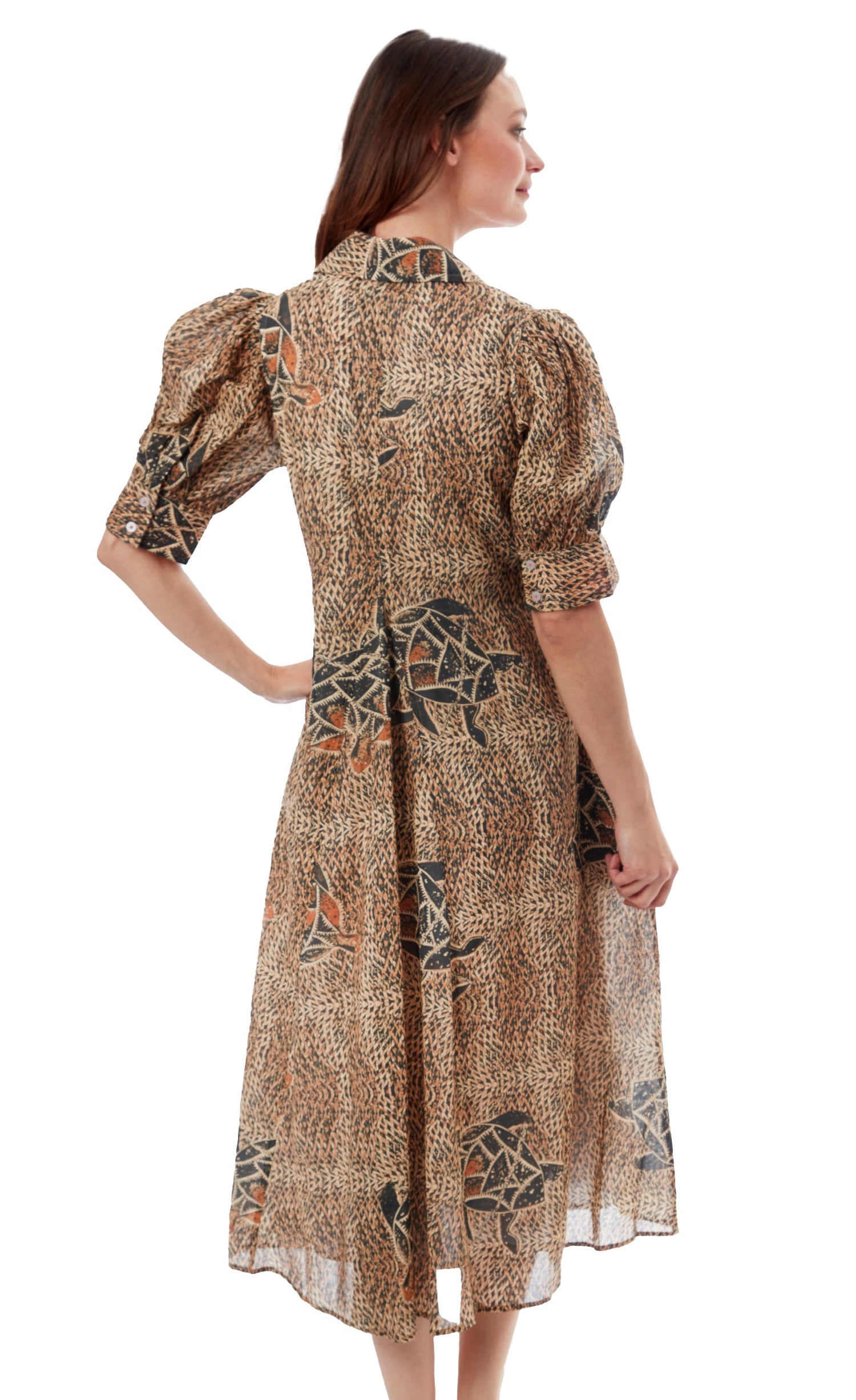 Dizzy-Lizzie Montauk Dress with turtle print, lightweight fabric, sleeveless design, and casual summer style.