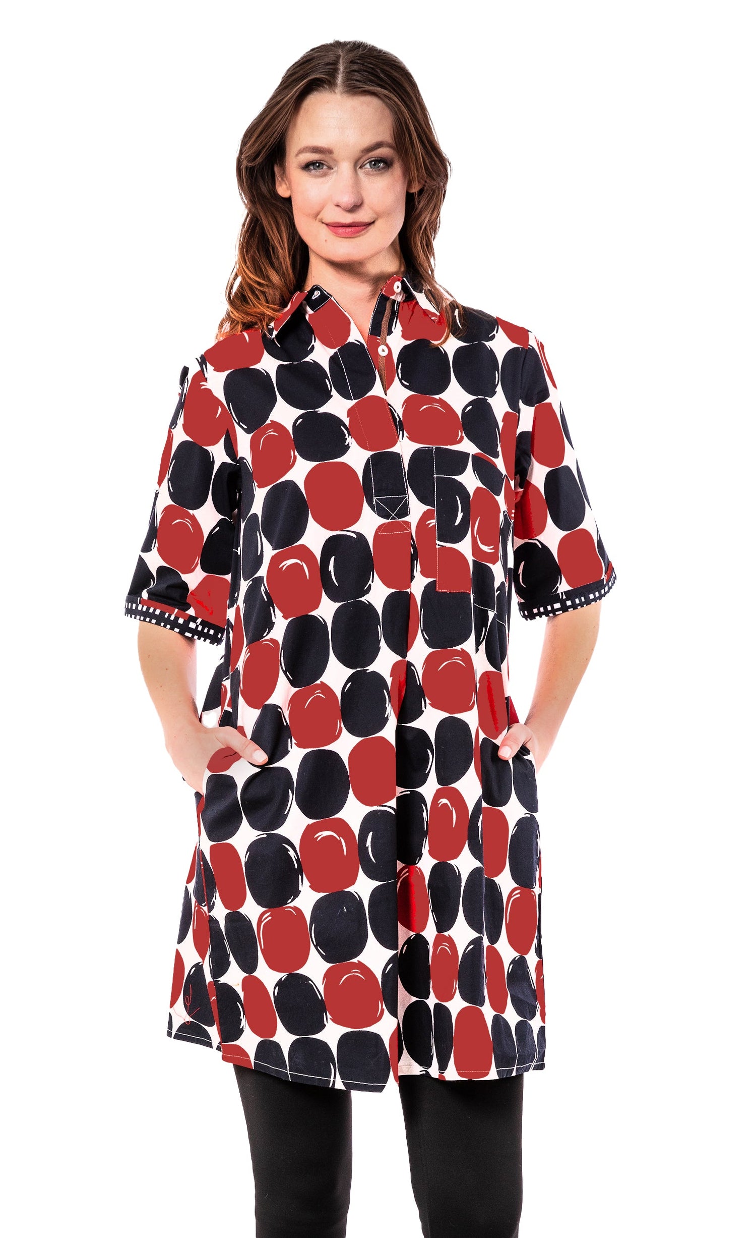 Red and black big dot dress by Dizzy-Lizzie featuring a stylish, flowing design perfect for casual or semi-formal occasions.