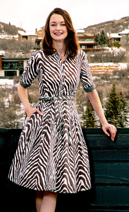 Dizzy-Lizzie Mrs. Maisel chocolate zebra print dress with fitted silhouette and stylish design, perfect for fashionable occasions.
