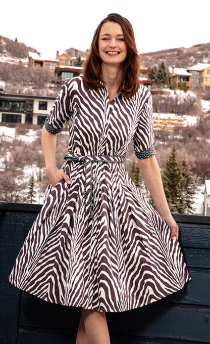 Dizzy-Lizzie Mrs. Maisel chocolate and zebra print dress with fitted bodice and flared skirt, stylish vintage-inspired fashion.
