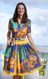 Dizzy-Lizzie Mrs Maisel Coconut Print dress in XS, featuring a colorful coconut pattern on a stylish, fitted dress.