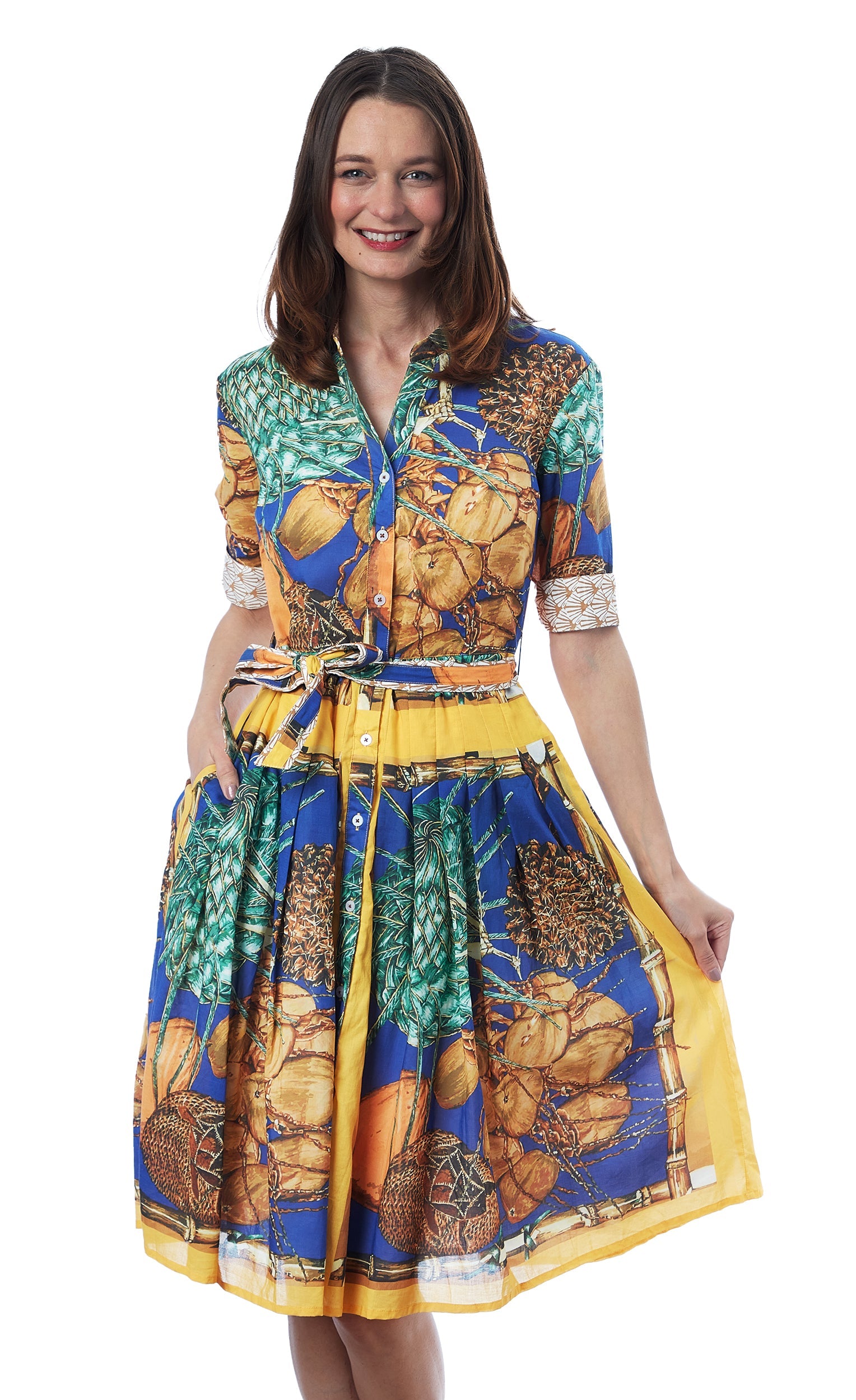 Dizzy-Lizzie Mrs Maisel Coconut Print dress with vibrant tropical coconut pattern, knee-length style, and flattering fit.