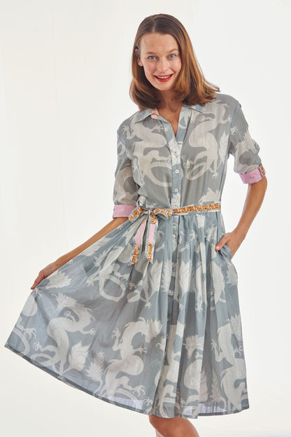 Dizzy-Lizzie Mrs. Maisel grey dress with dragon pattern, stylish and elegant, shown on a mannequin.