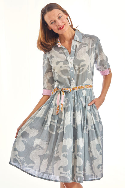 Dizzy-Lizzie Mrs. Maisel grey dragon print dress with long sleeves and a fitted silhouette, stylish and comfortable for women.