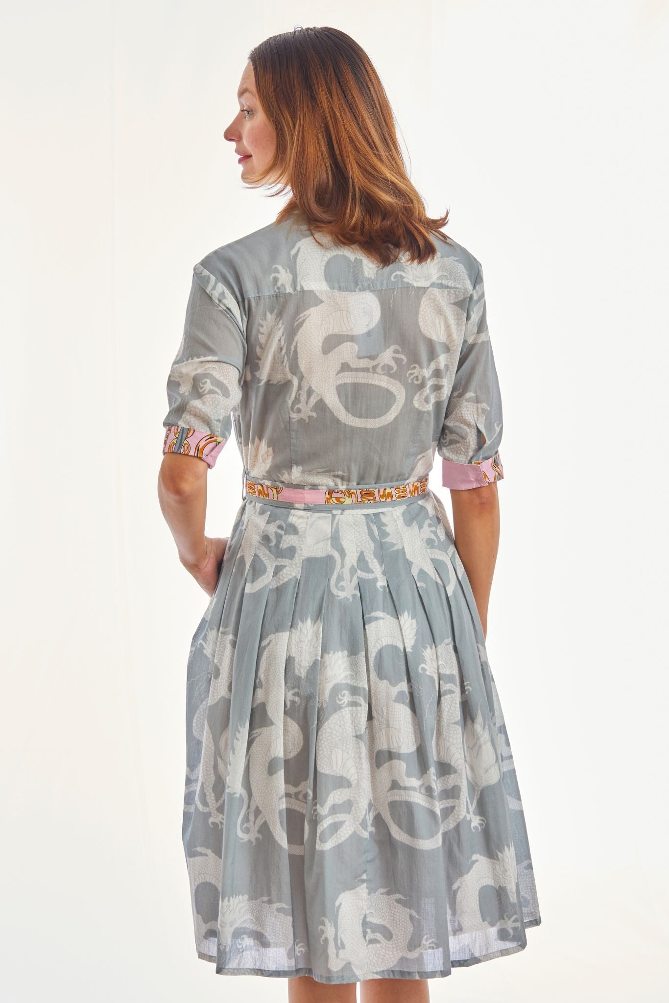 Dizzy-Lizzie Mrs. Maisel grey dress with dragon print, stylish and elegant, perfect for a vintage-inspired look.