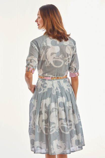 Dizzy-Lizzie Mrs. Maisel grey dress with dragon print, stylish and elegant, perfect for a vintage-inspired look.