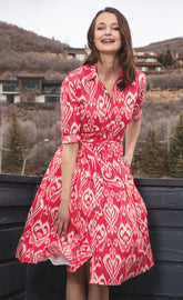 Pink and white Mrs. Maisel style dress by Dizzy-Lizzie featuring ikat pattern, casual fit, perfect for vintage-inspired fashion.
