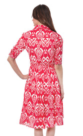 Pink and white Mrs. Maisel style ikat dress by Dizzy-Lizzie, featuring a vintage-inspired design and classic pattern.