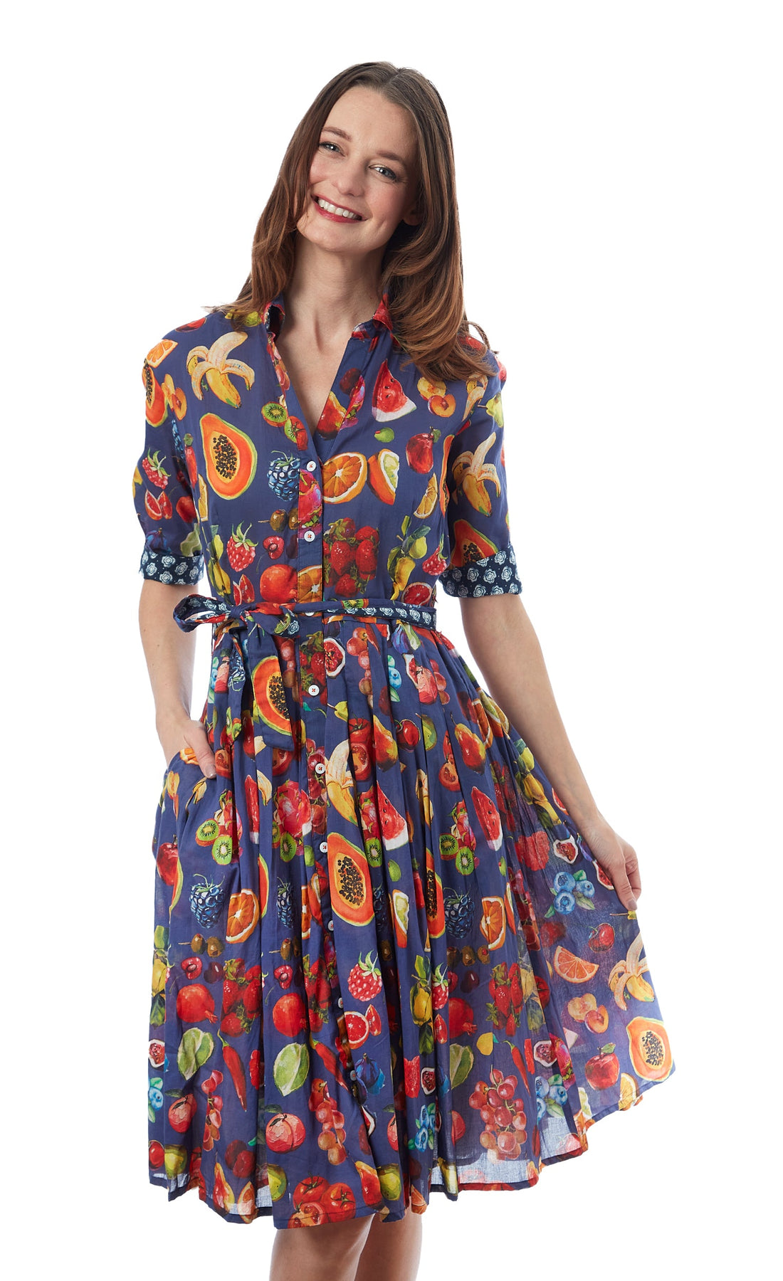 Dizzy-Lizzie Mrs Maisel fruit print dress in XS with vibrant colorful fruit pattern on lightweight fabric.