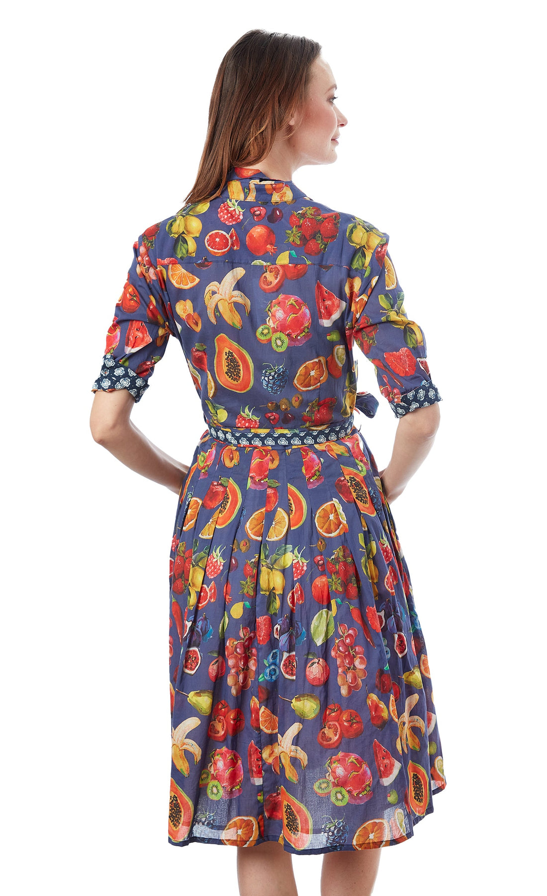 Dizzy-Lizzie Mrs Maisel fruit print dress in XS, featuring a vibrant fruit pattern and classic fit, perfect for stylish occasions.