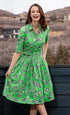Dizzy-Lizzie Mrs Maisel green and black whimsy print dress with vintage-inspired design and playful pattern.