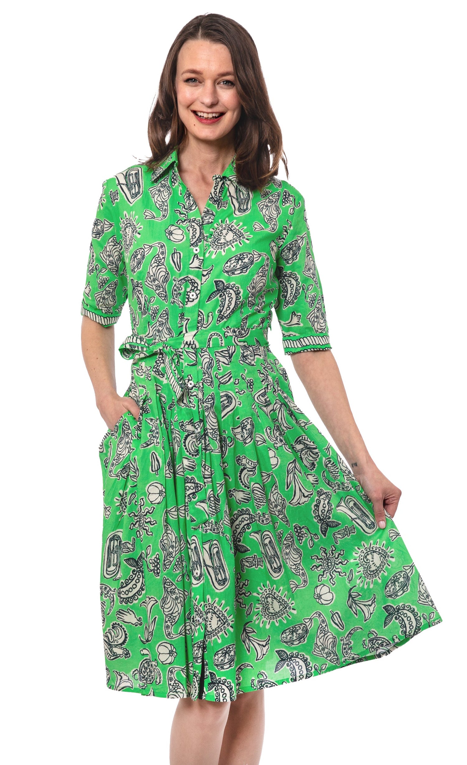 Dizzy-Lizzie Mrs Maisel green and black whimsy print dress with vintage-inspired design and playful pattern.