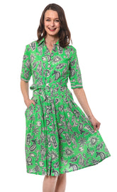 Dizzy-Lizzie Mrs Maisel green and black whimsy print dress, XS size, featuring playful floral and abstract design.