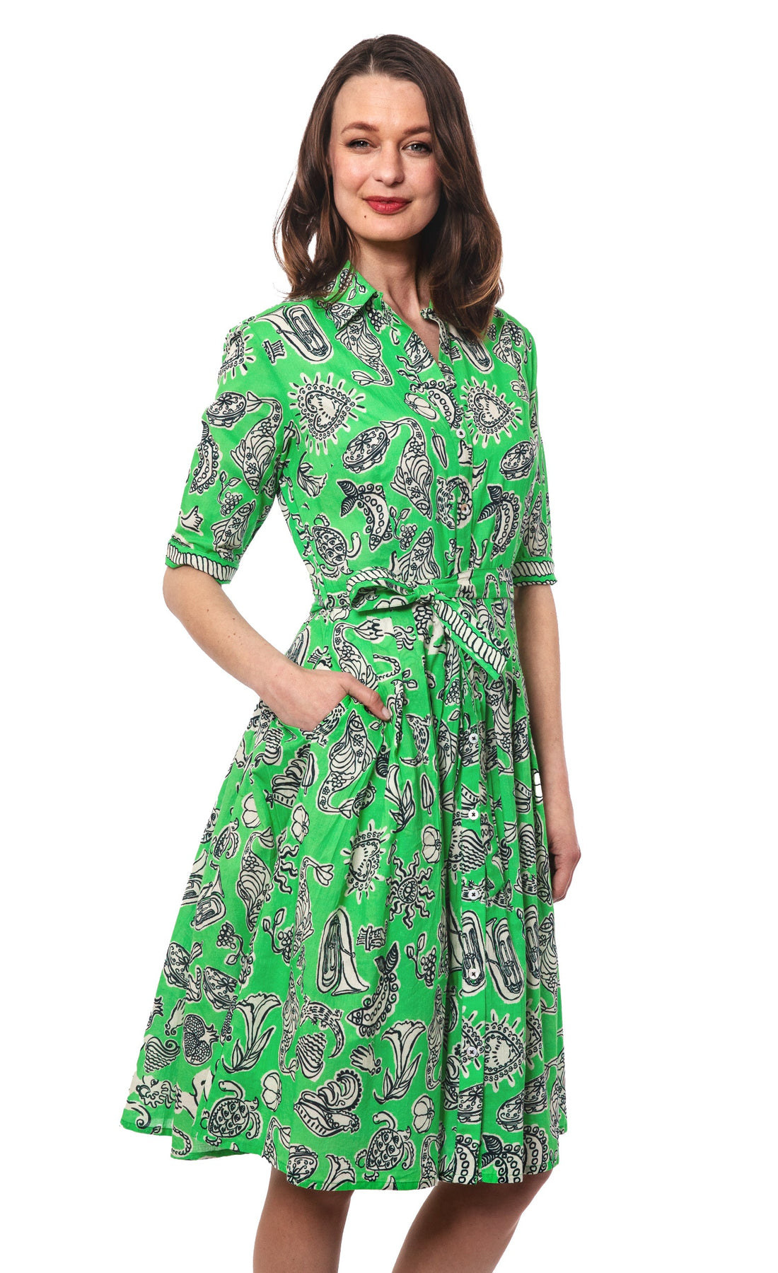 Dizzy-Lizzie Mrs Maisel green and black whimsy print dress, XS size, featuring vibrant pattern and stylish design.