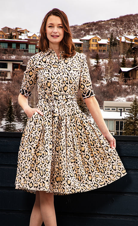 Dizzy-Lizzie Mrs. Maisel leopard print dress with long sleeves and fitted waist, stylish vintage-inspired women&