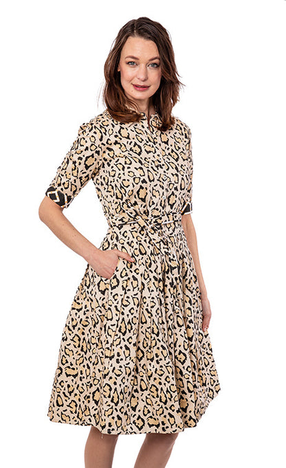 Dizzy-Lizzie Mrs. Maisel leopard print dress featuring a stylish, fitted design with bold animal print pattern.