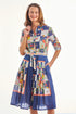 Dizzy-Lizzie Mrs Maisel navy dress with box print and butterfly pattern, featuring a stylish, vintage-inspired design.