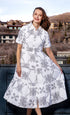Dizzy-Lizzie Palm Desert Black White Geo dress featuring a stylish geometric pattern and a fitted silhouette.