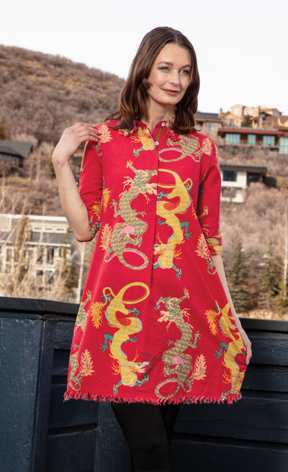 Red Dragon Chatham Dress by Dizzy-Lizzie featuring a vibrant dragon print, fitted silhouette, and elegant neckline.