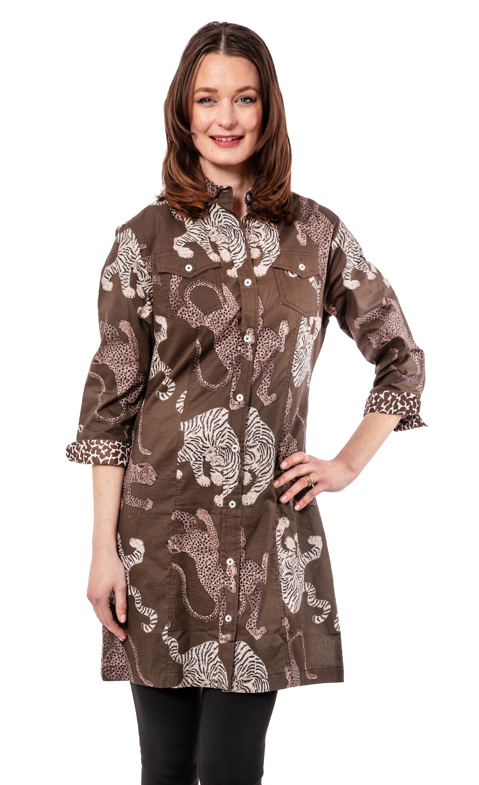 Dizzy-Lizzie Sag Harbor Grey Tigers dress showing a stylish grey dress with tiger print design and a fitted silhouette.