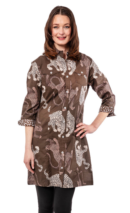 Dizzy-Lizzie Sag Harbor Grey Tigers dress showing a stylish grey dress with tiger print design and a fitted silhouette.