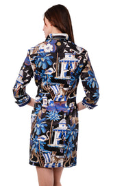 Dizzy-Lizzie Sag Harbor Navy Pavilion Print dress in XS, featuring a stylish navy dress with pavilion print pattern.