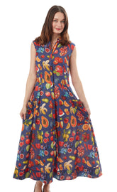 Sea Island Dress by Dizzy-Lizzie featuring a vibrant fruit print, sleeveless design, and lightweight fabric perfect for warm weather.