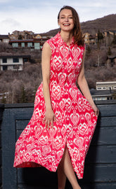 Pink and white Sea Island Dress by Dizzy-Lizzie featuring vibrant ikat pattern, perfect for casual or summer wear.