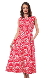 Pink and white Sea Island dress by Dizzy-Lizzie with ikat pattern, featuring a stylish and comfortable design for warm weather.