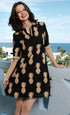 Black and gold pineapple print cotton linen dress by Dizzy-Lizzie, featuring a stylish and comfortable summer dress design.