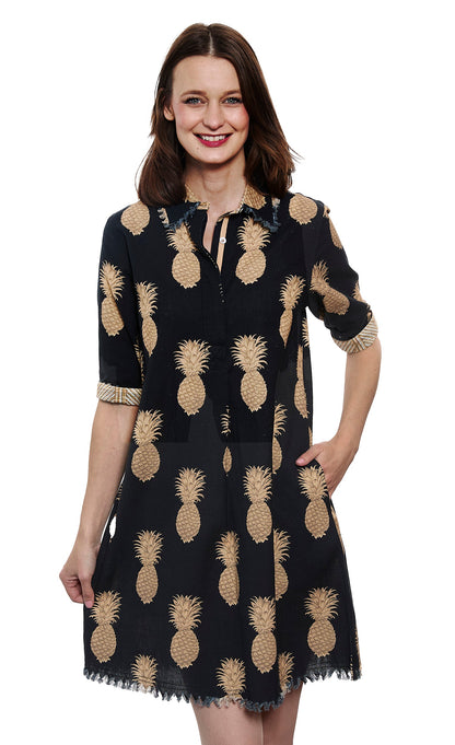 Dizzy-Lizzie Chatham dress in black cotton linen with gold pineapple print, stylish and lightweight for warm weather.