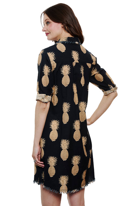 Black and gold pineapple print cotton linen dress by Dizzy-Lizzie, showcasing a stylish Chatham dress design.