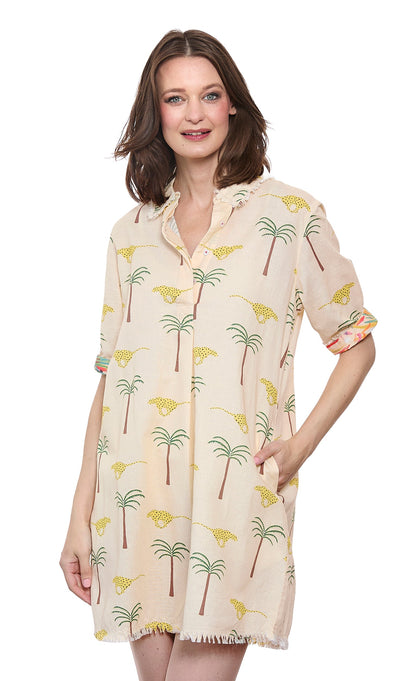 Dizzy-Lizzie Chatham Dress featuring cheetah and palm tree print, lightweight fabric, and stylish summer design.