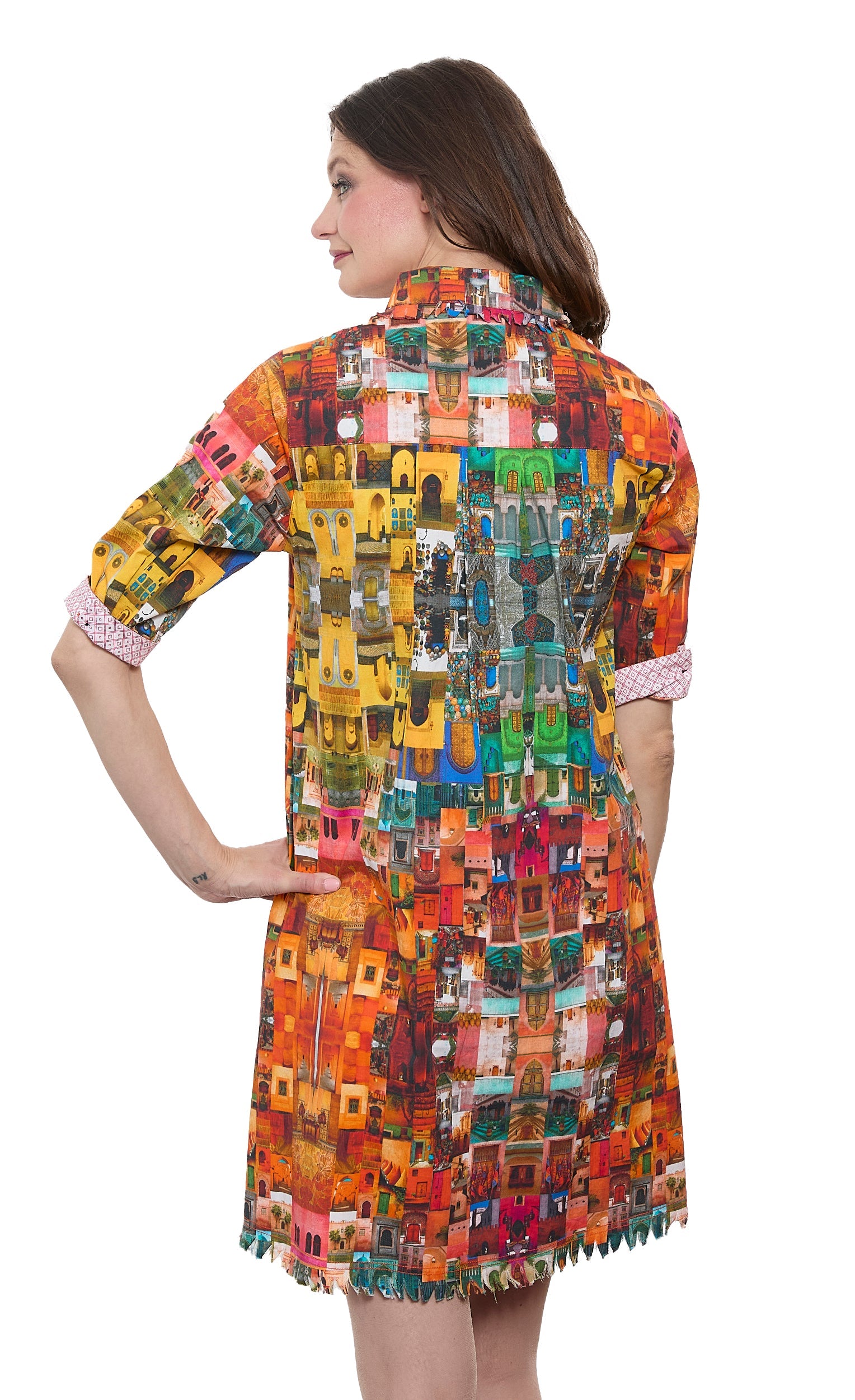 Dizzy-Lizzie Chatham Dress with multi-door print, lightweight fabric, sleeveless design, and vibrant colorful pattern.