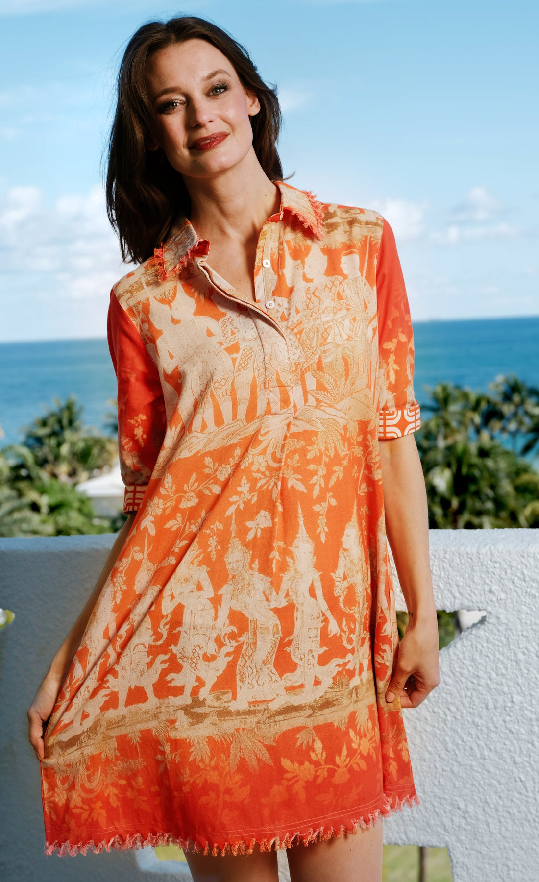 Orange and gold cotton linen Chatham Dress for Thai dancers by Dizzy-Lizzie, featuring intricate traditional patterns and flowing fabric.