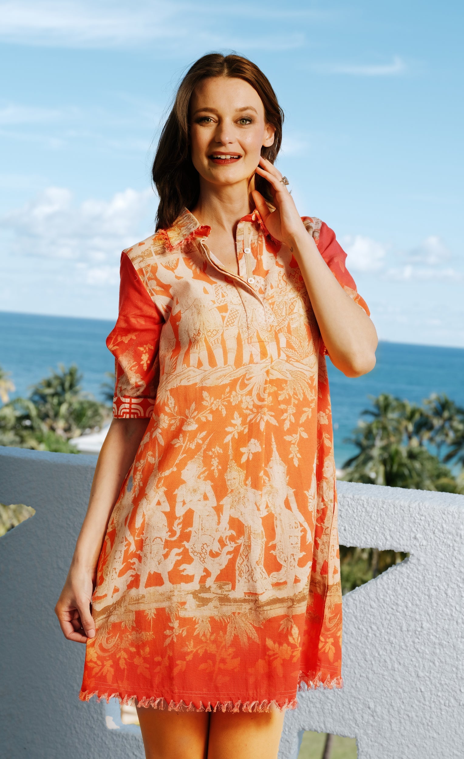 Orange and gold cotton linen Chatham dress for Thai dancers by Dizzy-Lizzie, featuring traditional patterns and flowing fabric.