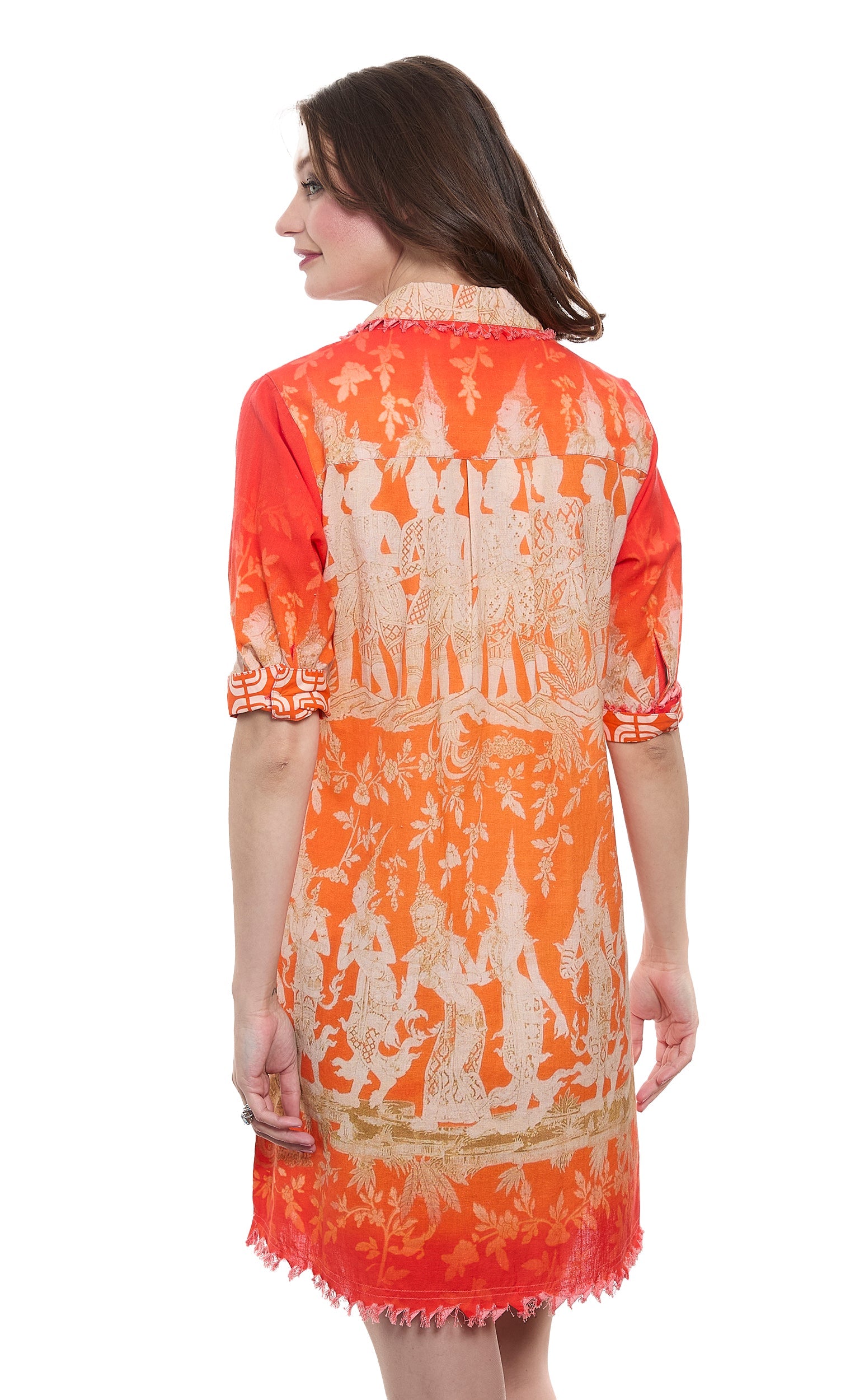 Dizzy-Lizzie Chatham Dress for Thai dancers in orange and gold cotton linen with traditional patterns.