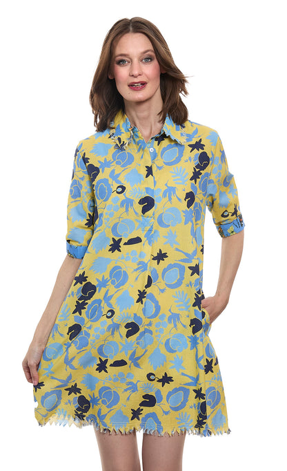 Yellow and blue floral Dizzy-Lizzie Chatham dress with short sleeves and a fitted waist, displayed on a hanger.