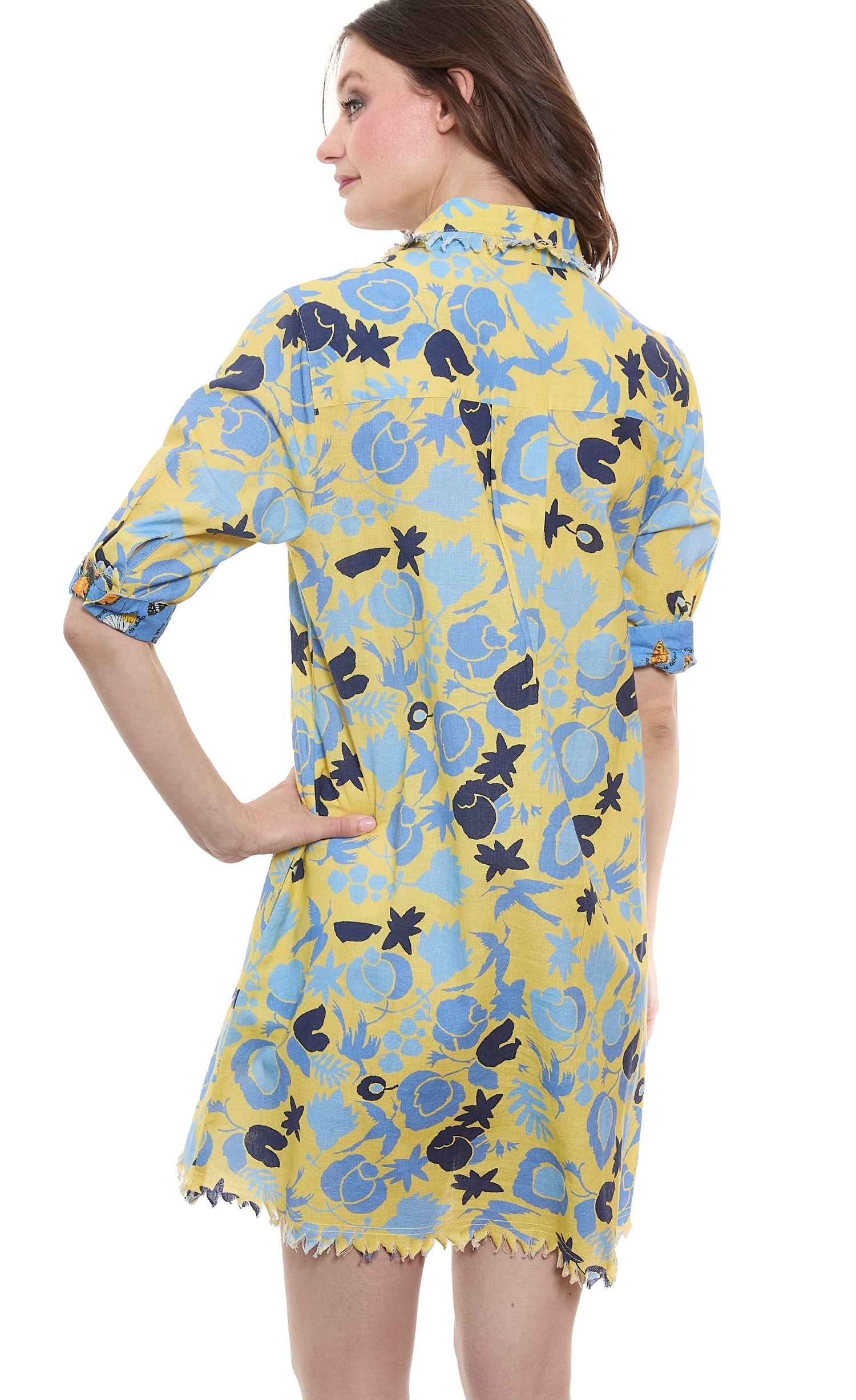 Dizzy-Lizzie Chatham yellow and blue floral dress with a fitted bodice and flowing skirt, perfect for spring and summer wear.