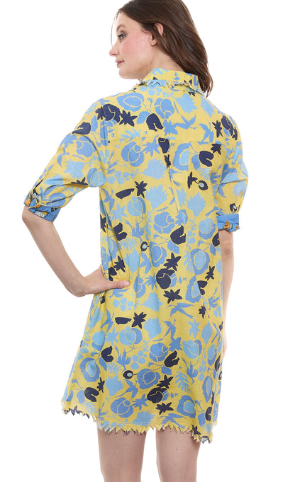 Dizzy-Lizzie Chatham yellow and blue floral dress with a fitted bodice and flowing skirt, perfect for spring and summer wear.