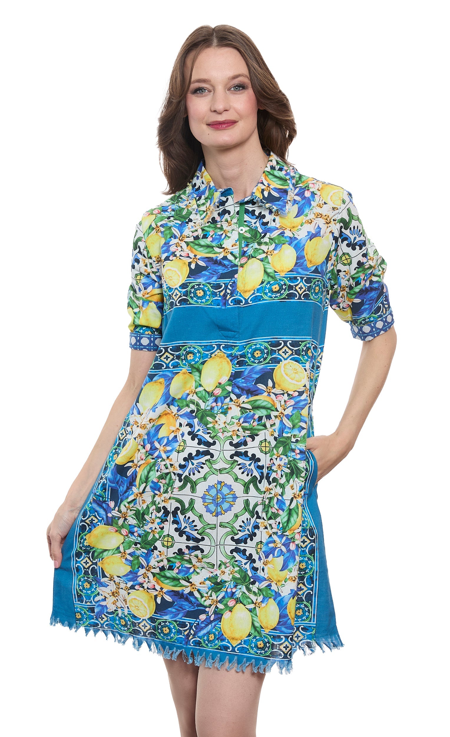 Dizzy-Lizzie Chatham Lemons print cotton linen dress featuring a vibrant lemon pattern and relaxed fit.