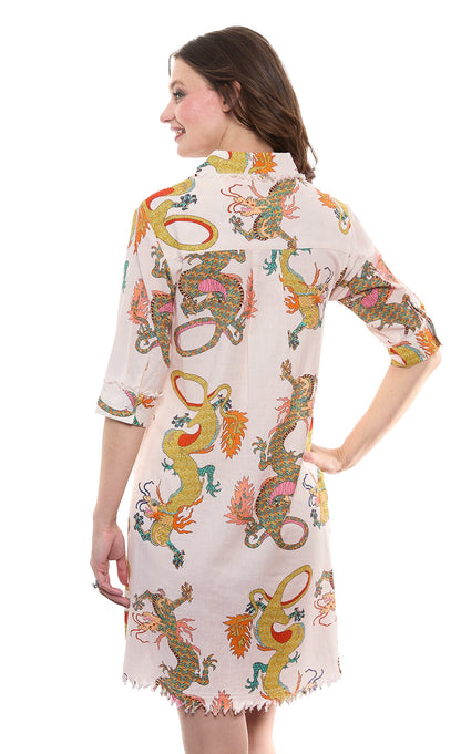 Dizzy-Lizzie Chatham Natural Ground Dragon Print cotton linen dress with a flowy silhouette and intricate dragon pattern.