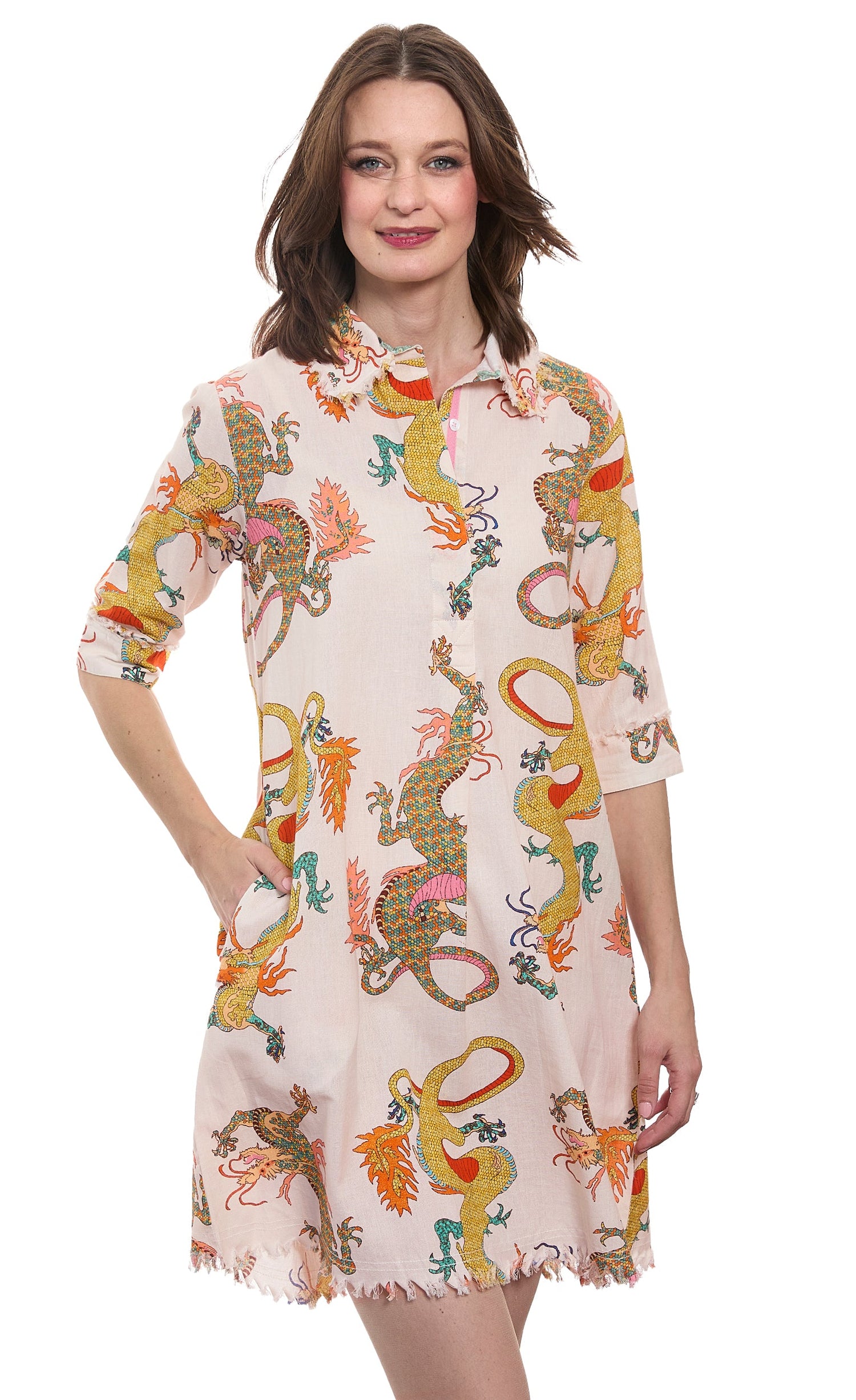 Dizzy-Lizzie Chatham natural ground dragon print cotton linen dress with a relaxed fit and vibrant dragon pattern.