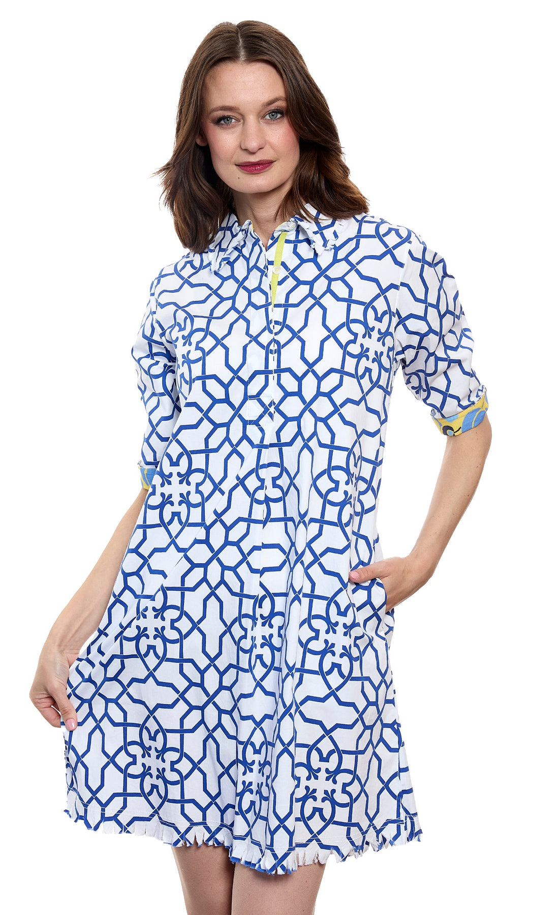 Dizzy-Lizzie Chatham Navy White Geo Print dress displayed on a hanger, featuring a stylish geometric pattern and lightweight fabric.