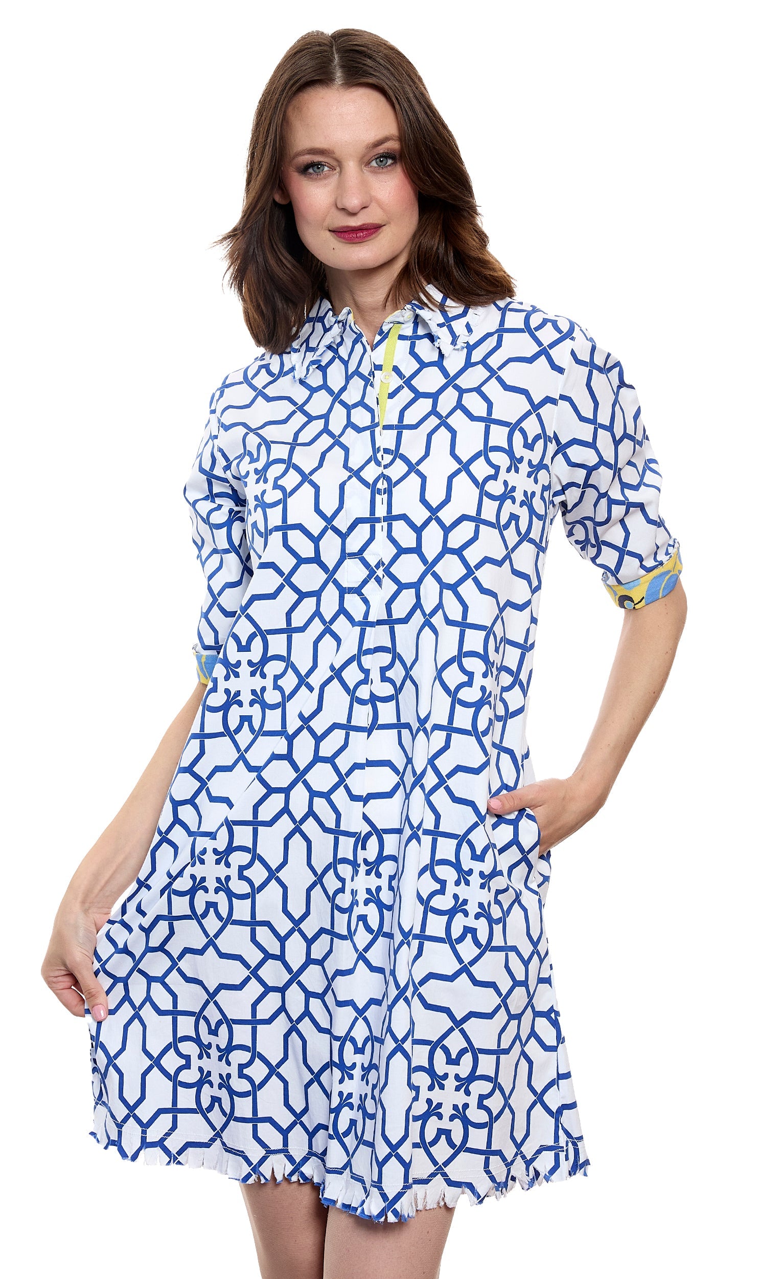 Dizzy-Lizzie Chatham Navy White Geo Print dress displayed on a hanger, featuring a stylish geometric pattern and lightweight fabric.