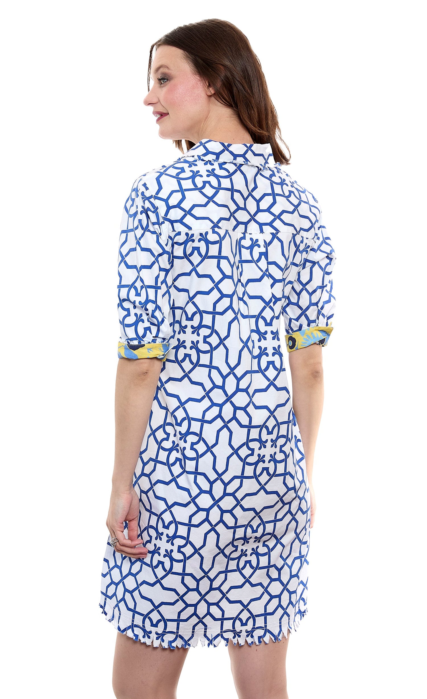 Dizzy-Lizzie Chatham Navy White Geo Print dress with short sleeves and fitted waist, stylish summer dress with geometric pattern.